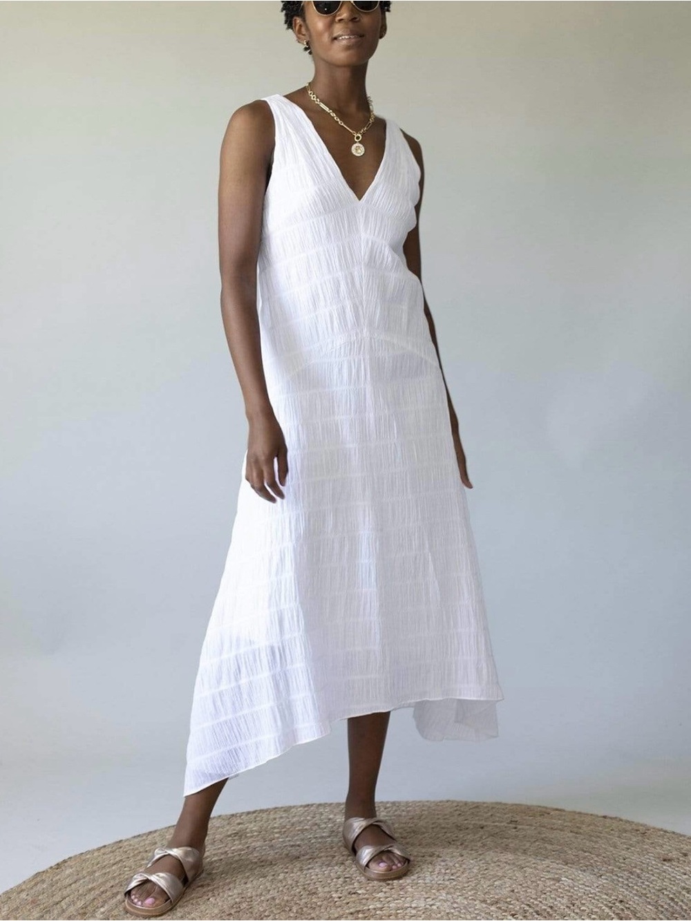 Frame Denim White Textured V-Neck Midi Dress